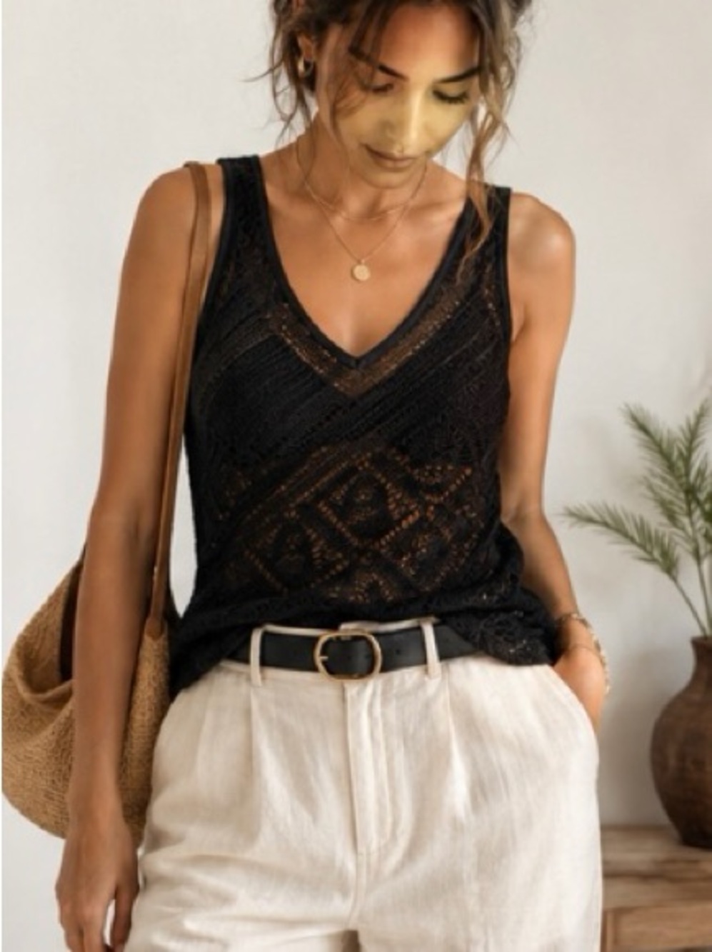 Vintage 90s Black Crochet Knit Tank Top Sheer Boho Grunge Small - Picture 3 of 5